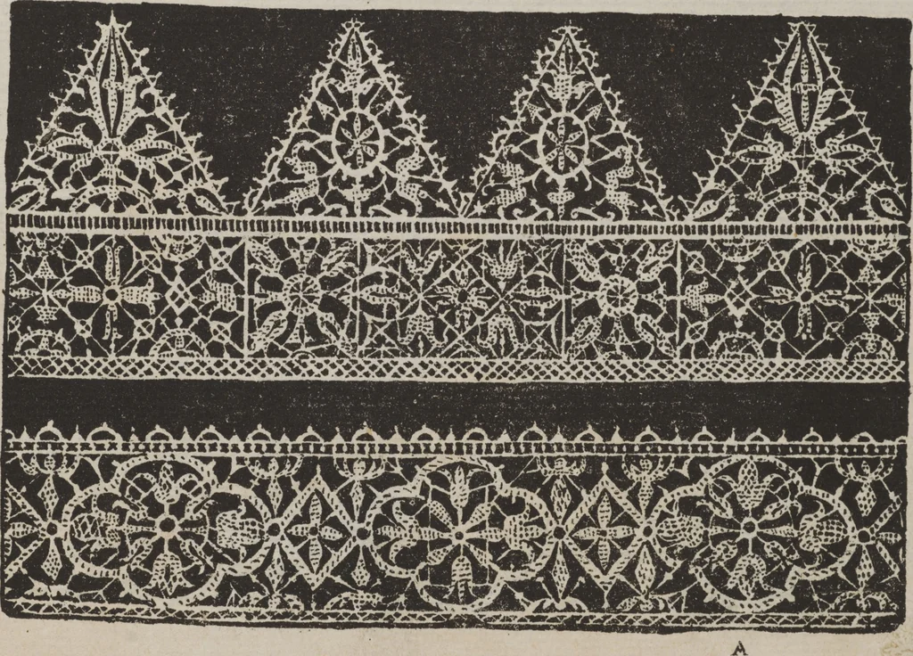 An illustration from Corona delle nobili, et virtvose donne. Libro [primo] : nel quale si dimostra in varij dissegni molte sorti di mostre di punti in aria, punti tagliati, punti a reticello, & ristampa la quarta voltà, 1592, leaf 8