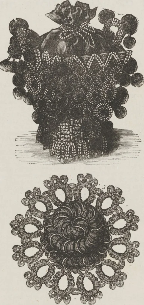 An illustration from Complete guide to the work-table : containing instructions in Berlin work, crochet, drawn-thread work, embroidery, knitting, knotting or macrame, lace, netting, poonah painting, & tatting, with numerous illustrations and coloured designs, 1884, leaf 105
