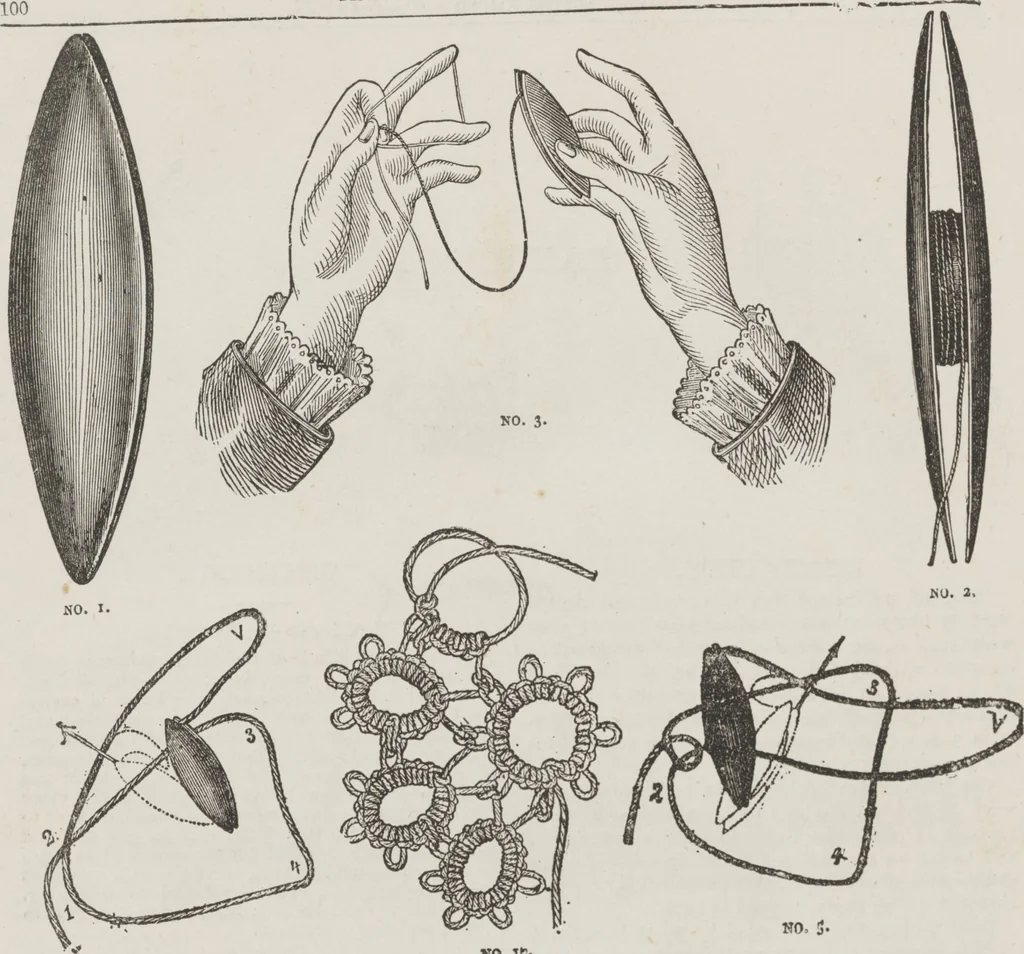 An illustration from Complete guide to the work-table : containing instructions in Berlin work, crochet, drawn-thread work, embroidery, knitting, knotting or macrame, lace, netting, poonah painting, & tatting, with numerous illustrations and coloured designs, 1884, leaf 108