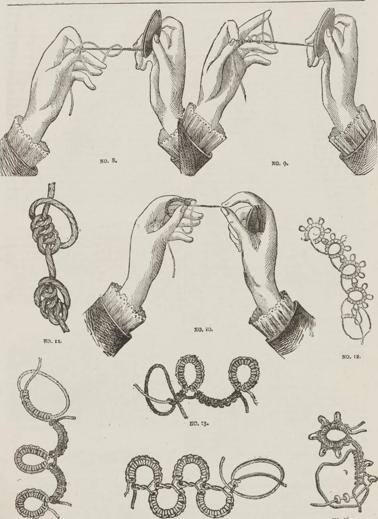 An illustration from Complete guide to the work-table : containing instructions in Berlin work, crochet, drawn-thread work, embroidery, knitting, knotting or macrame, lace, netting, poonah painting, & tatting, with numerous illustrations and coloured designs, 1884, leaf 109