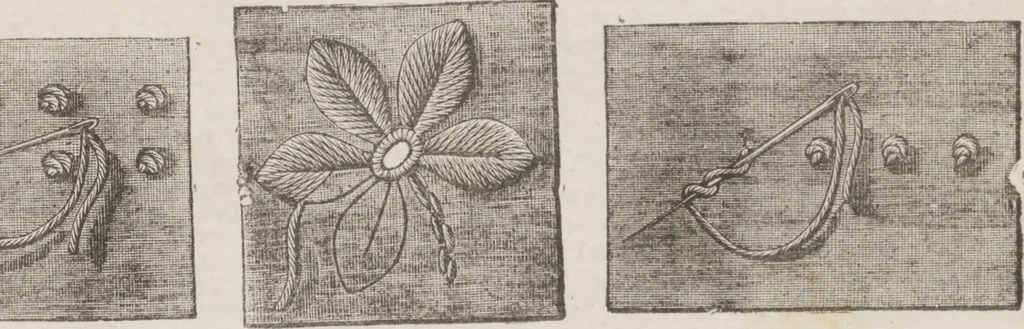 An illustration from Complete guide to the work-table : containing instructions in Berlin work, crochet, drawn-thread work, embroidery, knitting, knotting or macrame, lace, netting, poonah painting, & tatting, with numerous illustrations and coloured designs, 1884, leaf 11