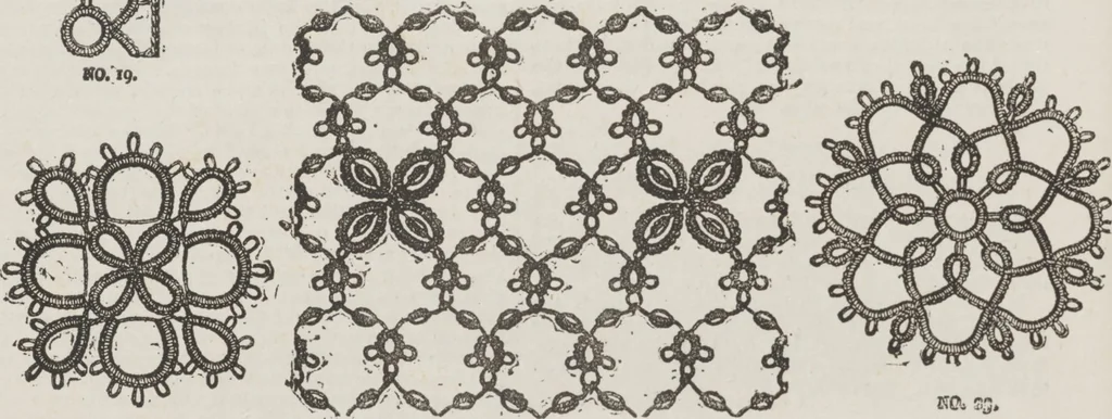 An illustration from Complete guide to the work-table : containing instructions in Berlin work, crochet, drawn-thread work, embroidery, knitting, knotting or macrame, lace, netting, poonah painting, & tatting, with numerous illustrations and coloured designs, 1884, leaf 112