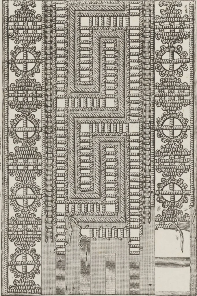 An illustration from Complete guide to the work-table : containing instructions in Berlin work, crochet, drawn-thread work, embroidery, knitting, knotting or macrame, lace, netting, poonah painting, & tatting, with numerous illustrations and coloured designs, 1884, leaf 113