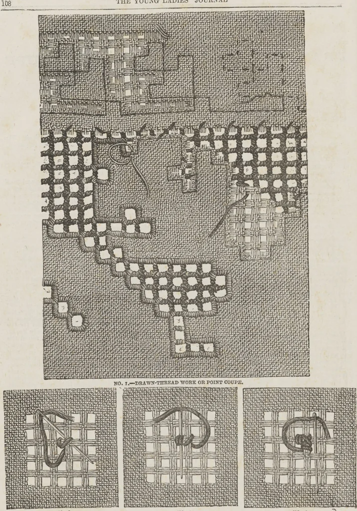 An illustration from Complete guide to the work-table : containing instructions in Berlin work, crochet, drawn-thread work, embroidery, knitting, knotting or macrame, lace, netting, poonah painting, & tatting, with numerous illustrations and coloured designs, 1884, leaf 116