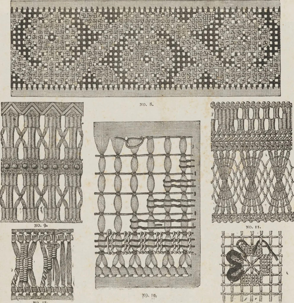 An illustration from Complete guide to the work-table : containing instructions in Berlin work, crochet, drawn-thread work, embroidery, knitting, knotting or macrame, lace, netting, poonah painting, & tatting, with numerous illustrations and coloured designs, 1884, leaf 117
