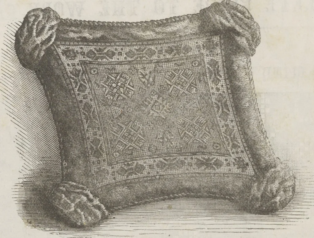 An illustration from Complete guide to the work-table : containing instructions in Berlin work, crochet, drawn-thread work, embroidery, knitting, knotting or macrame, lace, netting, poonah painting, & tatting, with numerous illustrations and coloured designs, 1884, leaf 122