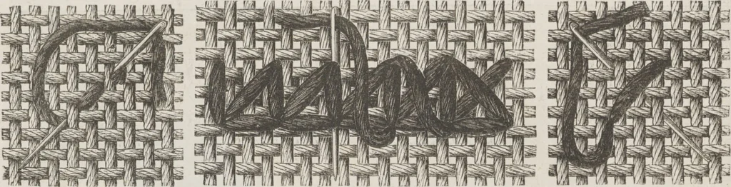 An illustration from Complete guide to the work-table : containing instructions in Berlin work, crochet, drawn-thread work, embroidery, knitting, knotting or macrame, lace, netting, poonah painting, & tatting, with numerous illustrations and coloured designs, 1884, leaf 125