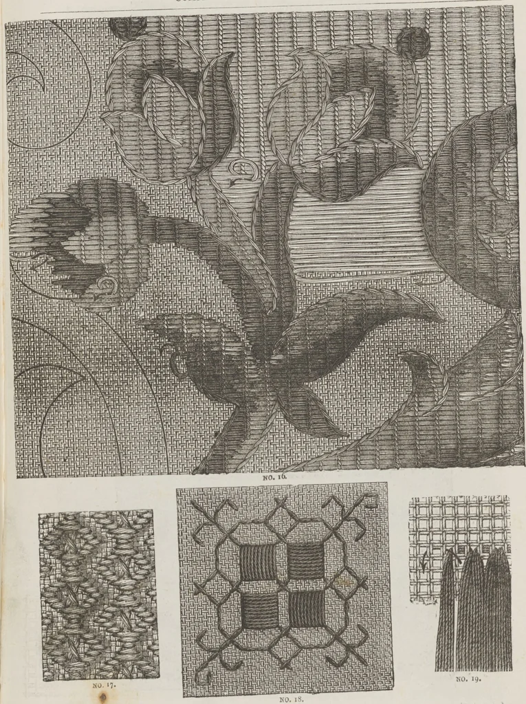 An illustration from Complete guide to the work-table : containing instructions in Berlin work, crochet, drawn-thread work, embroidery, knitting, knotting or macrame, lace, netting, poonah painting, & tatting, with numerous illustrations and coloured designs, 1884, leaf 126