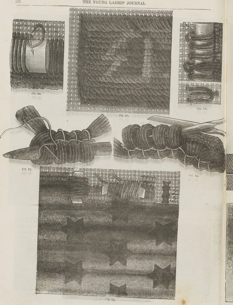 An illustration from Complete guide to the work-table : containing instructions in Berlin work, crochet, drawn-thread work, embroidery, knitting, knotting or macrame, lace, netting, poonah painting, & tatting, with numerous illustrations and coloured designs, 1884, leaf 127