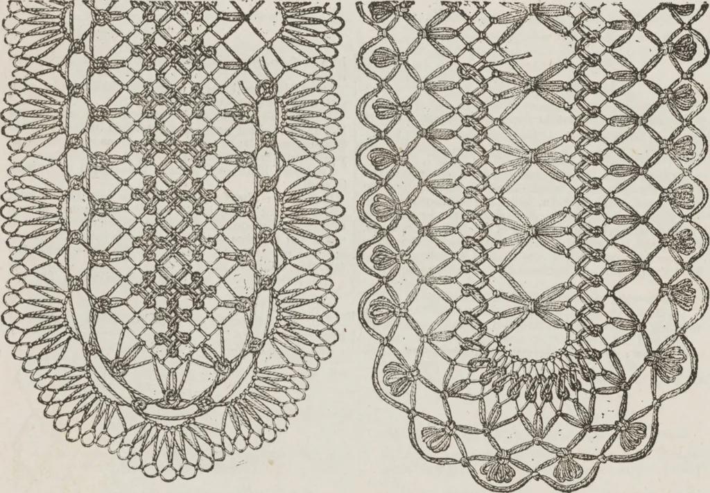 An illustration from Complete guide to the work-table : containing instructions in Berlin work, crochet, drawn-thread work, embroidery, knitting, knotting or macrame, lace, netting, poonah painting, & tatting, with numerous illustrations and coloured designs, 1884, leaf 138