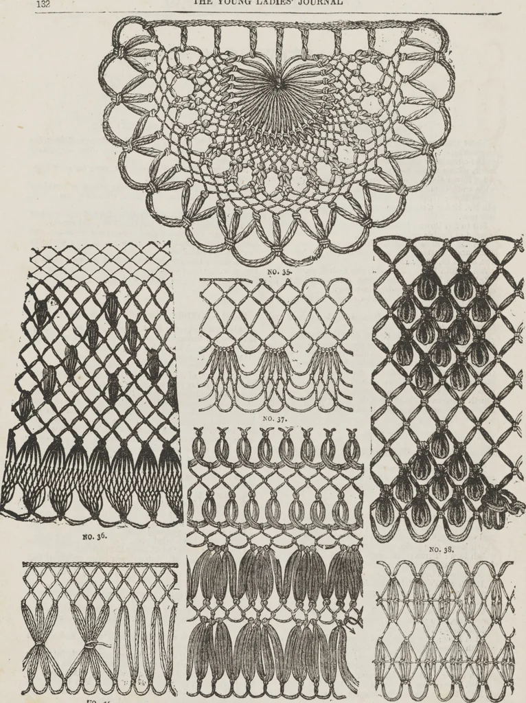 An illustration from Complete guide to the work-table : containing instructions in Berlin work, crochet, drawn-thread work, embroidery, knitting, knotting or macrame, lace, netting, poonah painting, & tatting, with numerous illustrations and coloured designs, 1884, leaf 141