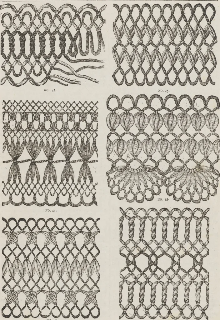 An illustration from Complete guide to the work-table : containing instructions in Berlin work, crochet, drawn-thread work, embroidery, knitting, knotting or macrame, lace, netting, poonah painting, & tatting, with numerous illustrations and coloured designs, 1884, leaf 142