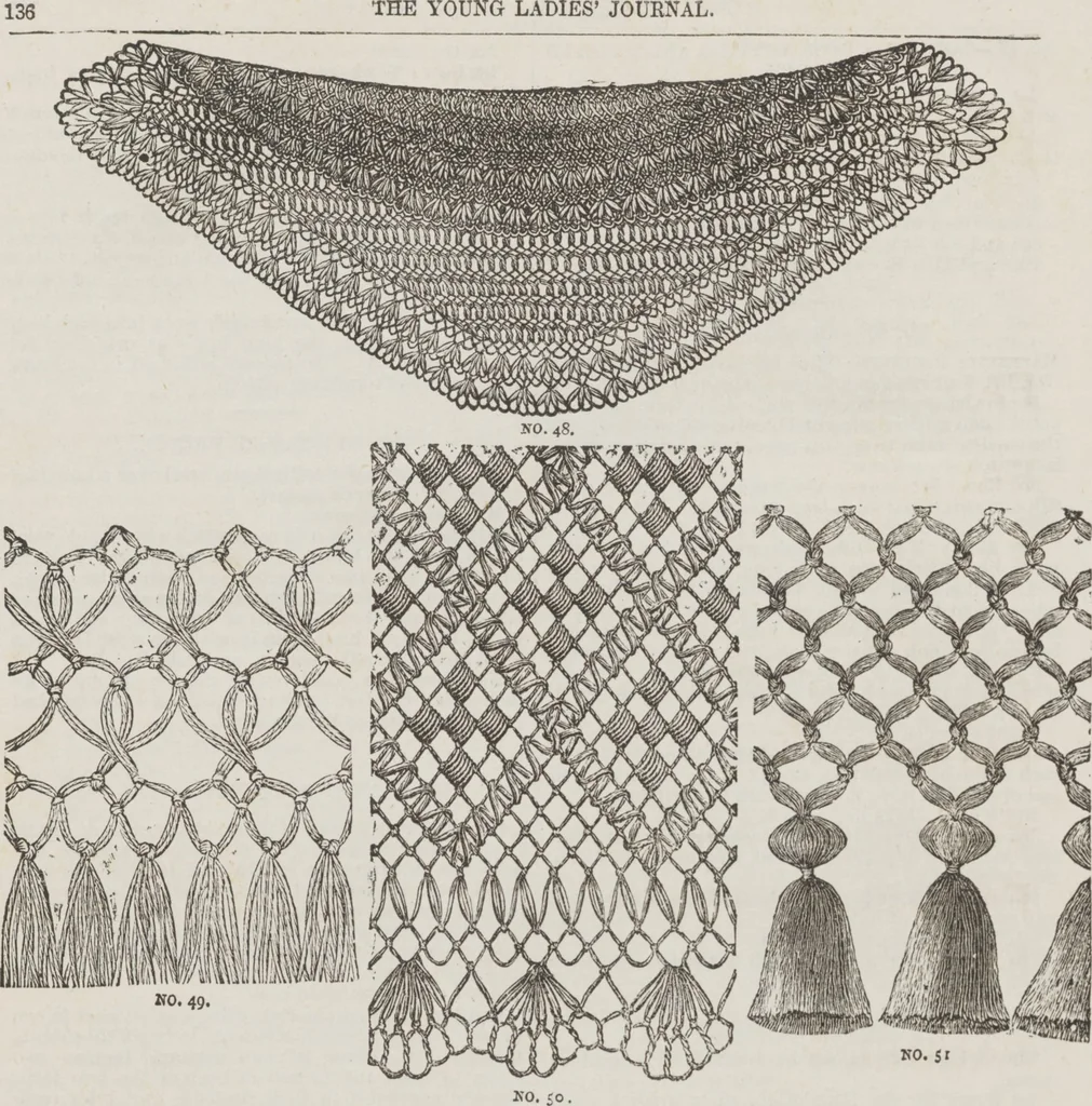 An illustration from Complete guide to the work-table : containing instructions in Berlin work, crochet, drawn-thread work, embroidery, knitting, knotting or macrame, lace, netting, poonah painting, & tatting, with numerous illustrations and coloured designs, 1884, leaf 145
