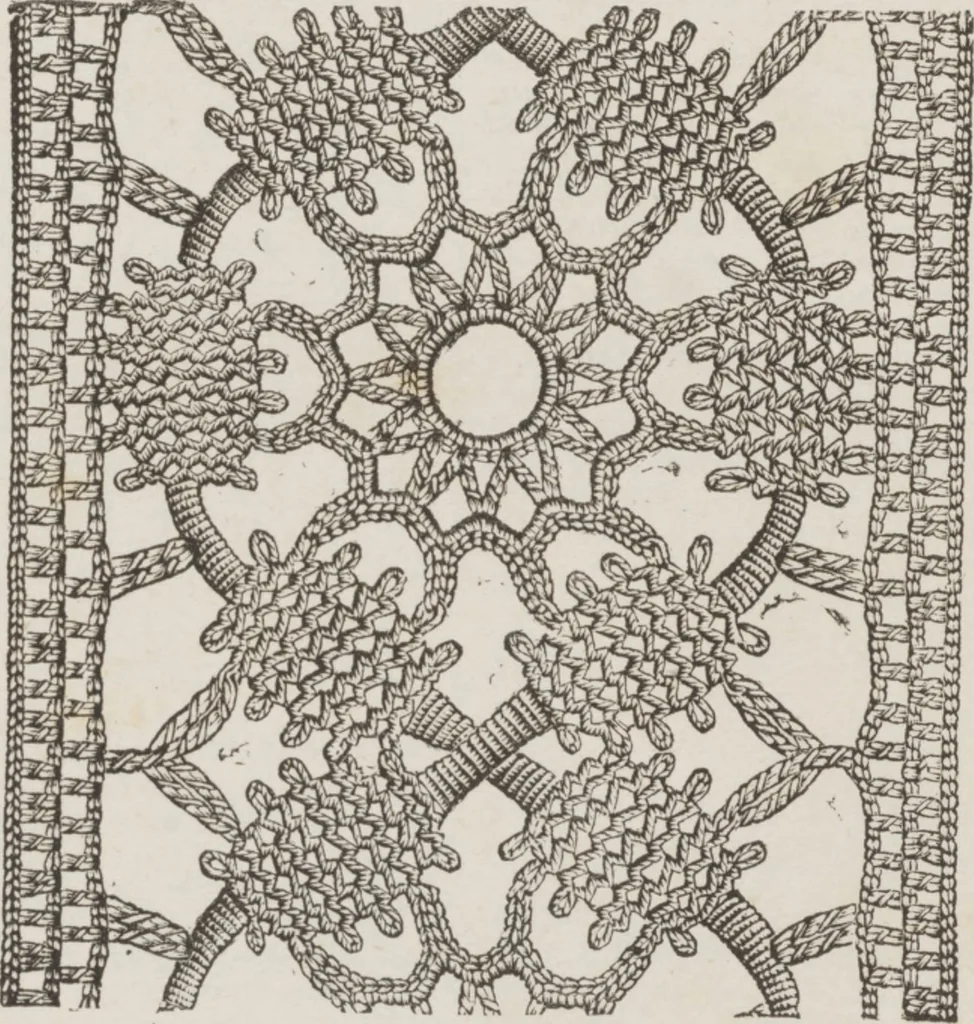 An illustration from Complete guide to the work-table : containing instructions in Berlin work, crochet, drawn-thread work, embroidery, knitting, knotting or macrame, lace, netting, poonah painting, & tatting, with numerous illustrations and coloured designs, 1884, leaf 16