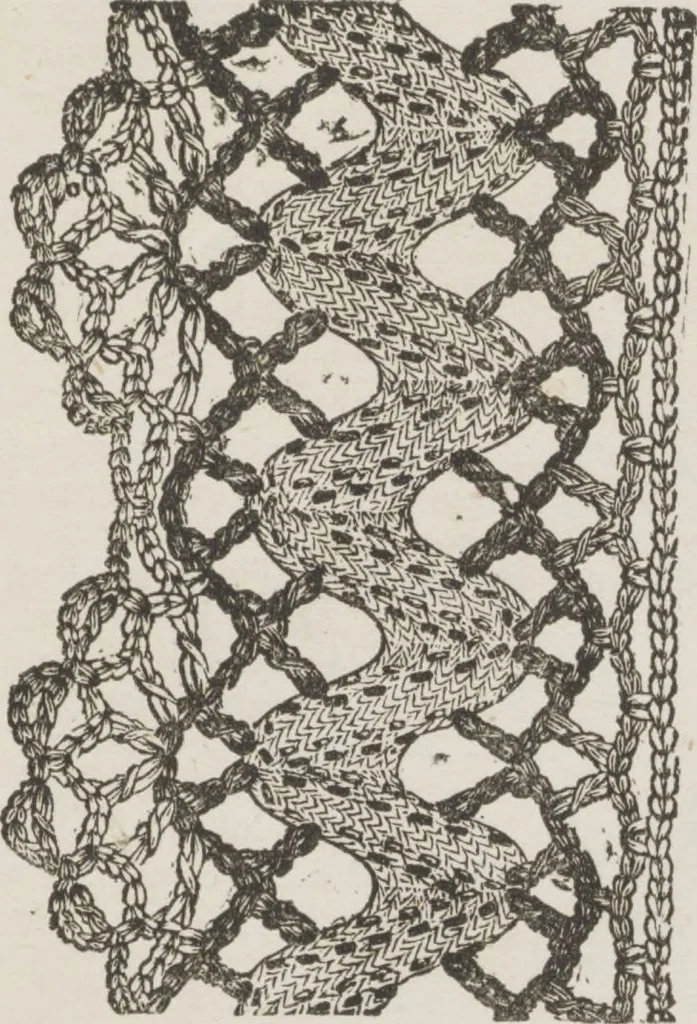 An illustration from Complete guide to the work-table : containing instructions in Berlin work, crochet, drawn-thread work, embroidery, knitting, knotting or macrame, lace, netting, poonah painting, & tatting, with numerous illustrations and coloured designs, 1884, leaf 23