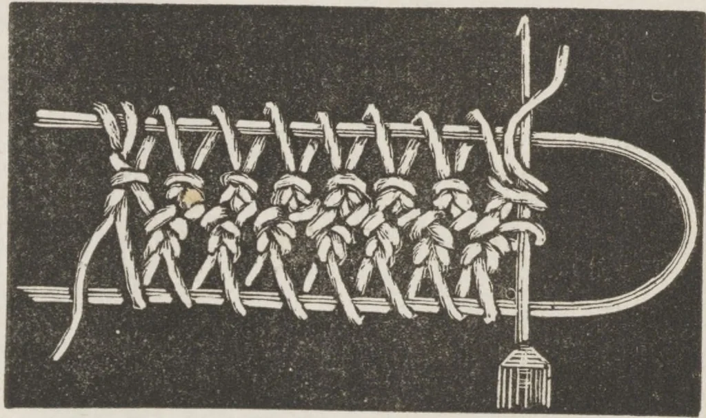 An illustration from Complete guide to the work-table : containing instructions in Berlin work, crochet, drawn-thread work, embroidery, knitting, knotting or macrame, lace, netting, poonah painting, & tatting, with numerous illustrations and coloured designs, 1884, leaf 23