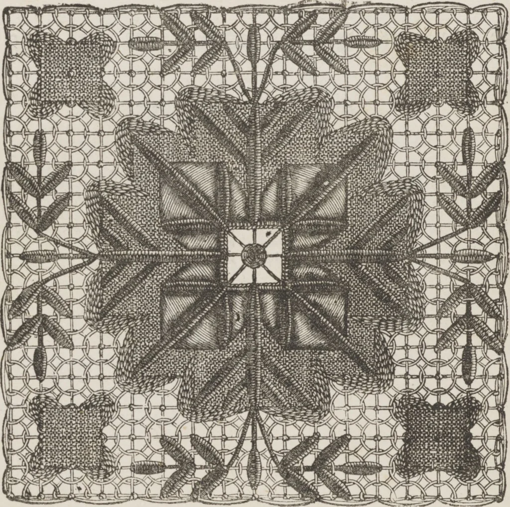 An illustration from Complete guide to the work-table : containing instructions in Berlin work, crochet, drawn-thread work, embroidery, knitting, knotting or macrame, lace, netting, poonah painting, & tatting, with numerous illustrations and coloured designs, 1884, leaf 24