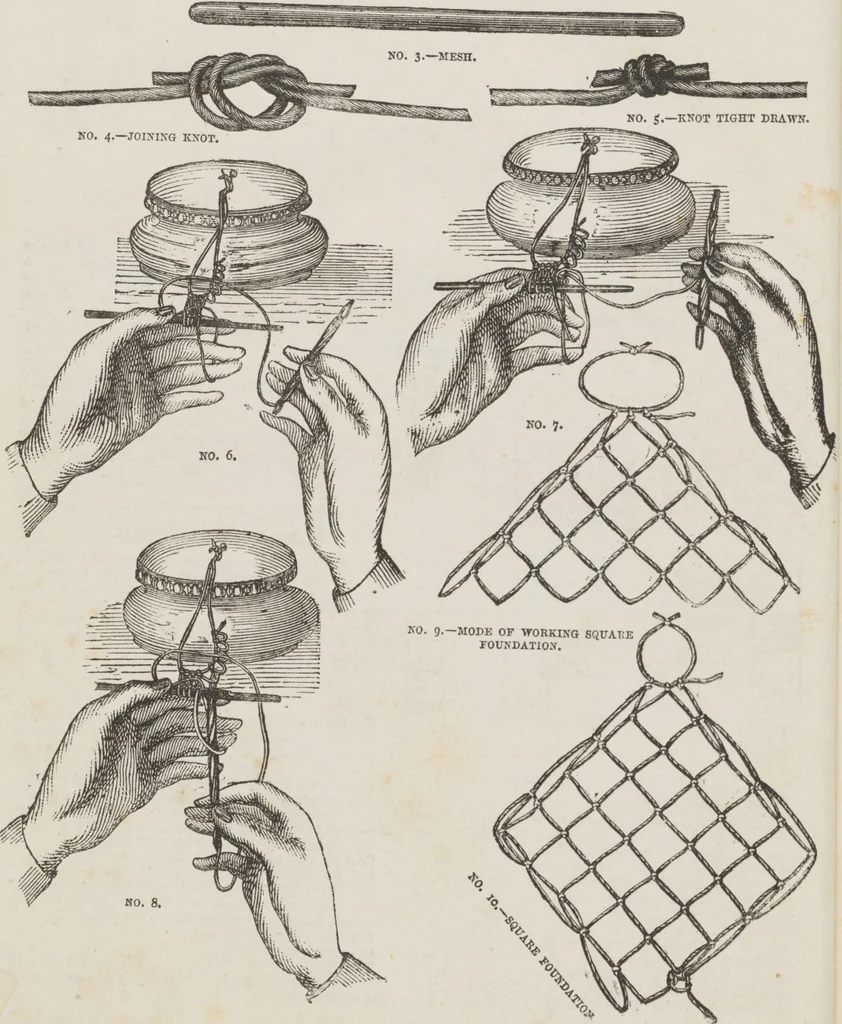 An illustration from Complete guide to the work-table : containing instructions in Berlin work, crochet, drawn-thread work, embroidery, knitting, knotting or macrame, lace, netting, poonah painting, & tatting, with numerous illustrations and coloured designs, 1884, leaf 27