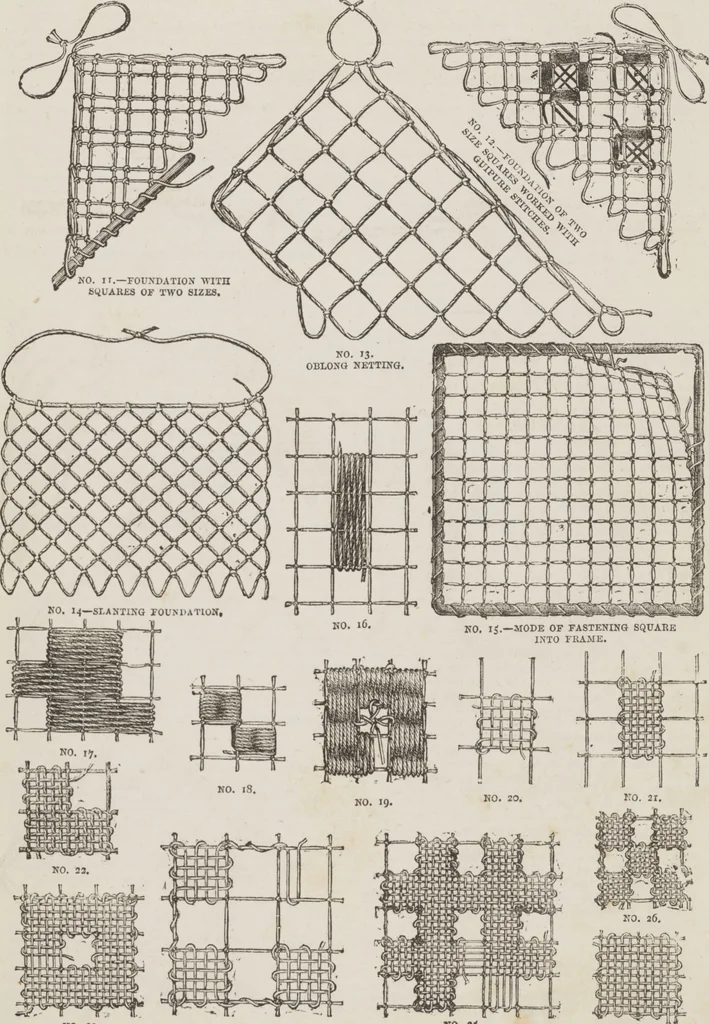 An illustration from Complete guide to the work-table : containing instructions in Berlin work, crochet, drawn-thread work, embroidery, knitting, knotting or macrame, lace, netting, poonah painting, & tatting, with numerous illustrations and coloured designs, 1884, leaf 28
