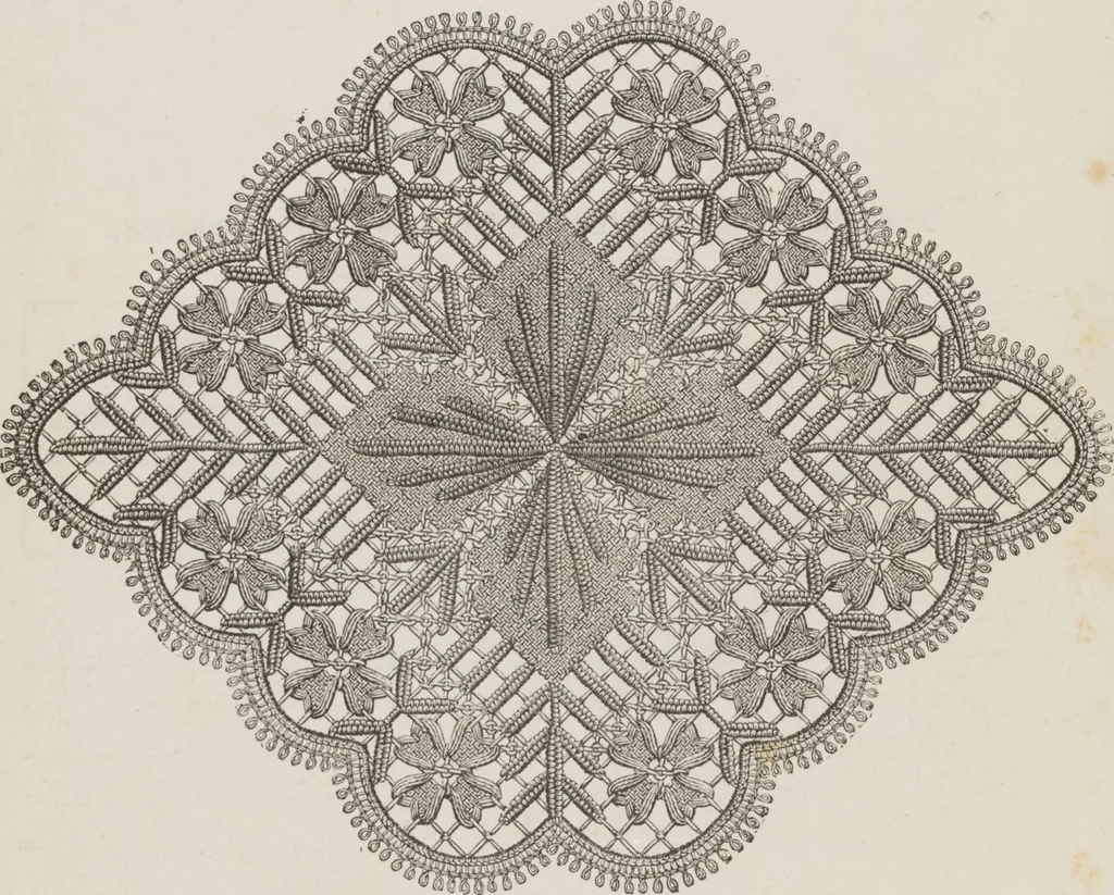 An illustration from Complete guide to the work-table : containing instructions in Berlin work, crochet, drawn-thread work, embroidery, knitting, knotting or macrame, lace, netting, poonah painting, & tatting, with numerous illustrations and coloured designs, 1884, leaf 32