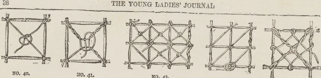 An illustration from Complete guide to the work-table : containing instructions in Berlin work, crochet, drawn-thread work, embroidery, knitting, knotting or macrame, lace, netting, poonah painting, & tatting, with numerous illustrations and coloured designs, 1884, leaf 35