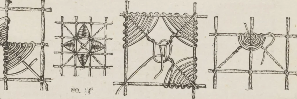 An illustration from Complete guide to the work-table : containing instructions in Berlin work, crochet, drawn-thread work, embroidery, knitting, knotting or macrame, lace, netting, poonah painting, & tatting, with numerous illustrations and coloured designs, 1884, leaf 35