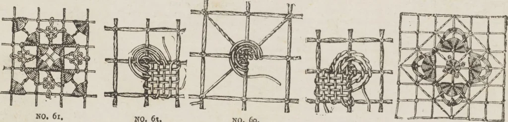 An illustration from Complete guide to the work-table : containing instructions in Berlin work, crochet, drawn-thread work, embroidery, knitting, knotting or macrame, lace, netting, poonah painting, & tatting, with numerous illustrations and coloured designs, 1884, leaf 35