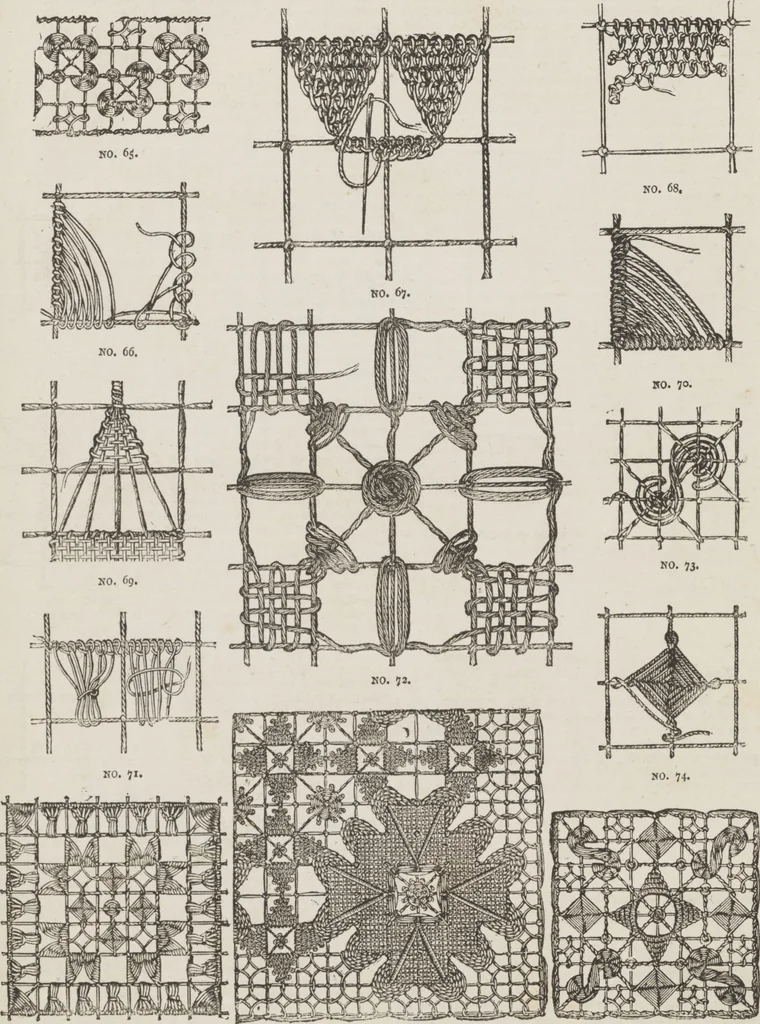 An illustration from Complete guide to the work-table : containing instructions in Berlin work, crochet, drawn-thread work, embroidery, knitting, knotting or macrame, lace, netting, poonah painting, & tatting, with numerous illustrations and coloured designs, 1884, leaf 36