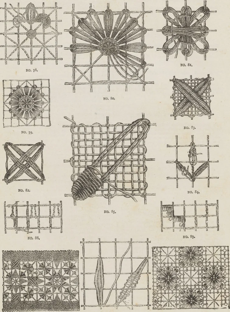 An illustration from Complete guide to the work-table : containing instructions in Berlin work, crochet, drawn-thread work, embroidery, knitting, knotting or macrame, lace, netting, poonah painting, & tatting, with numerous illustrations and coloured designs, 1884, leaf 39