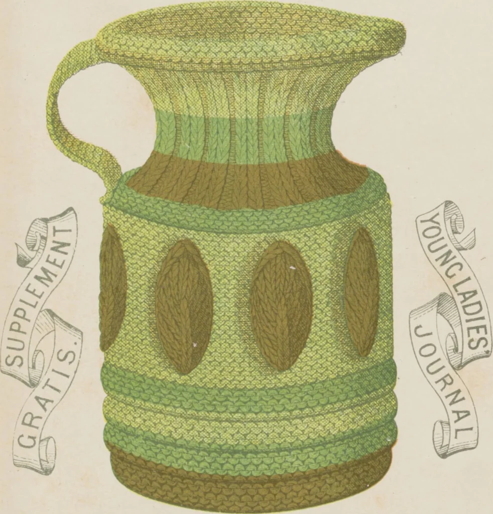 An illustration from Complete guide to the work-table : containing instructions in Berlin work, crochet, drawn-thread work, embroidery, knitting, knotting or macrame, lace, netting, poonah painting, & tatting, with numerous illustrations and coloured designs, 1884, leaf 42