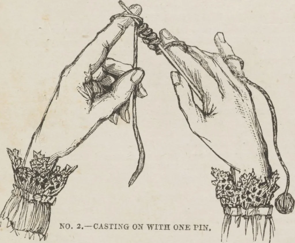 An illustration from Complete guide to the work-table : containing instructions in Berlin work, crochet, drawn-thread work, embroidery, knitting, knotting or macrame, lace, netting, poonah painting, & tatting, with numerous illustrations and coloured designs, 1884, leaf 44