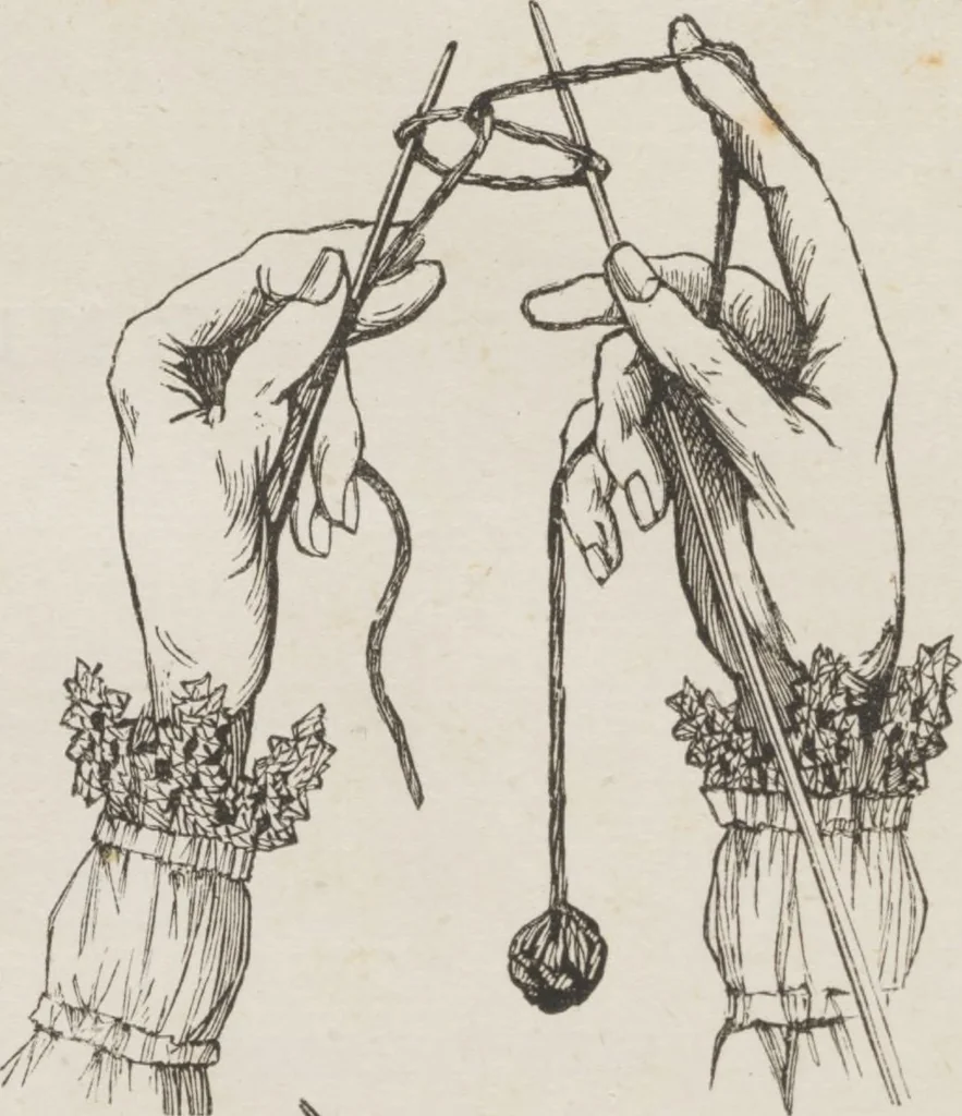 An illustration from Complete guide to the work-table : containing instructions in Berlin work, crochet, drawn-thread work, embroidery, knitting, knotting or macrame, lace, netting, poonah painting, & tatting, with numerous illustrations and coloured designs, 1884, leaf 44