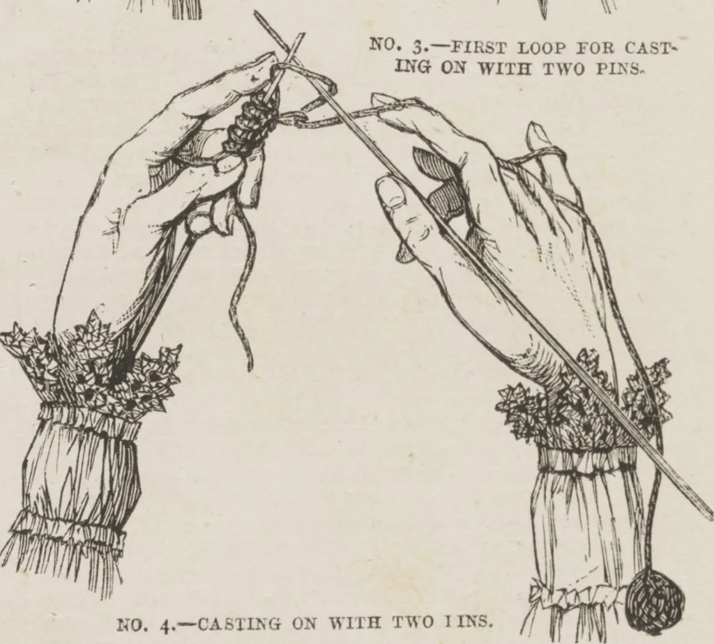 An illustration from Complete guide to the work-table : containing instructions in Berlin work, crochet, drawn-thread work, embroidery, knitting, knotting or macrame, lace, netting, poonah painting, & tatting, with numerous illustrations and coloured designs, 1884, leaf 44