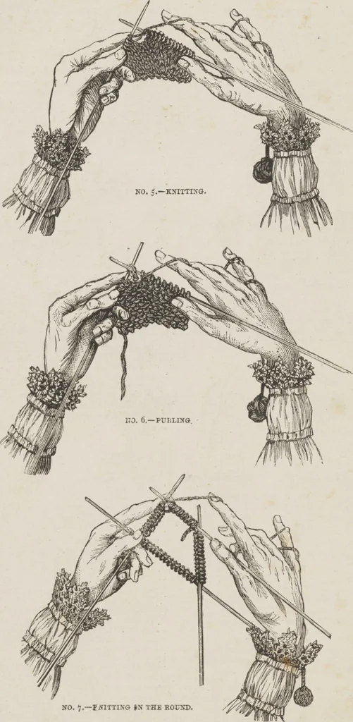 An illustration from Complete guide to the work-table : containing instructions in Berlin work, crochet, drawn-thread work, embroidery, knitting, knotting or macrame, lace, netting, poonah painting, & tatting, with numerous illustrations and coloured designs, 1884, leaf 45