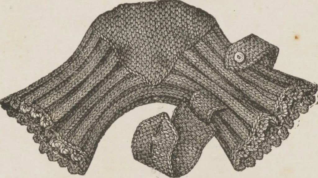 An illustration from Complete guide to the work-table : containing instructions in Berlin work, crochet, drawn-thread work, embroidery, knitting, knotting or macrame, lace, netting, poonah painting, & tatting, with numerous illustrations and coloured designs, 1884, leaf 49