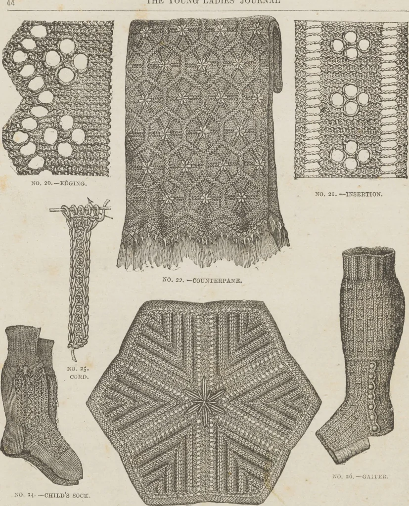 An illustration from Complete guide to the work-table : containing instructions in Berlin work, crochet, drawn-thread work, embroidery, knitting, knotting or macrame, lace, netting, poonah painting, & tatting, with numerous illustrations and coloured designs, 1884, leaf 52