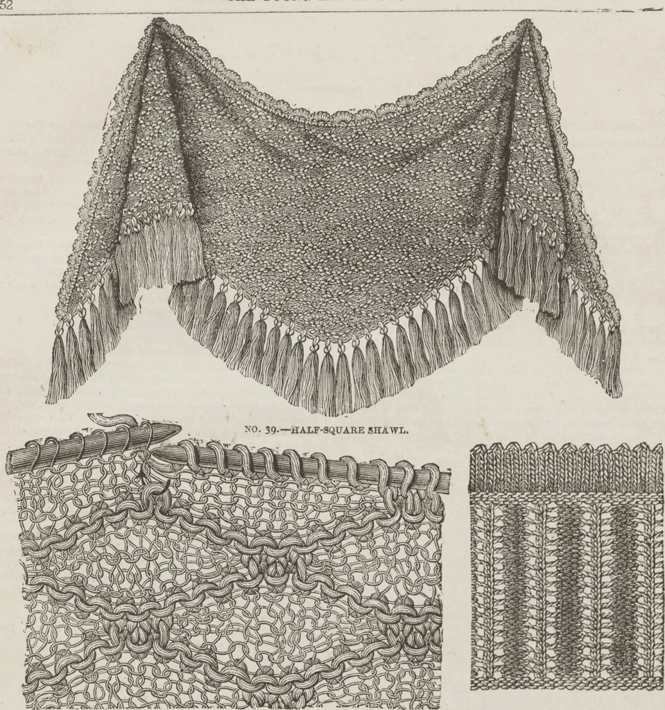 An illustration from Complete guide to the work-table : containing instructions in Berlin work, crochet, drawn-thread work, embroidery, knitting, knotting or macrame, lace, netting, poonah painting, & tatting, with numerous illustrations and coloured designs, 1884, leaf 60