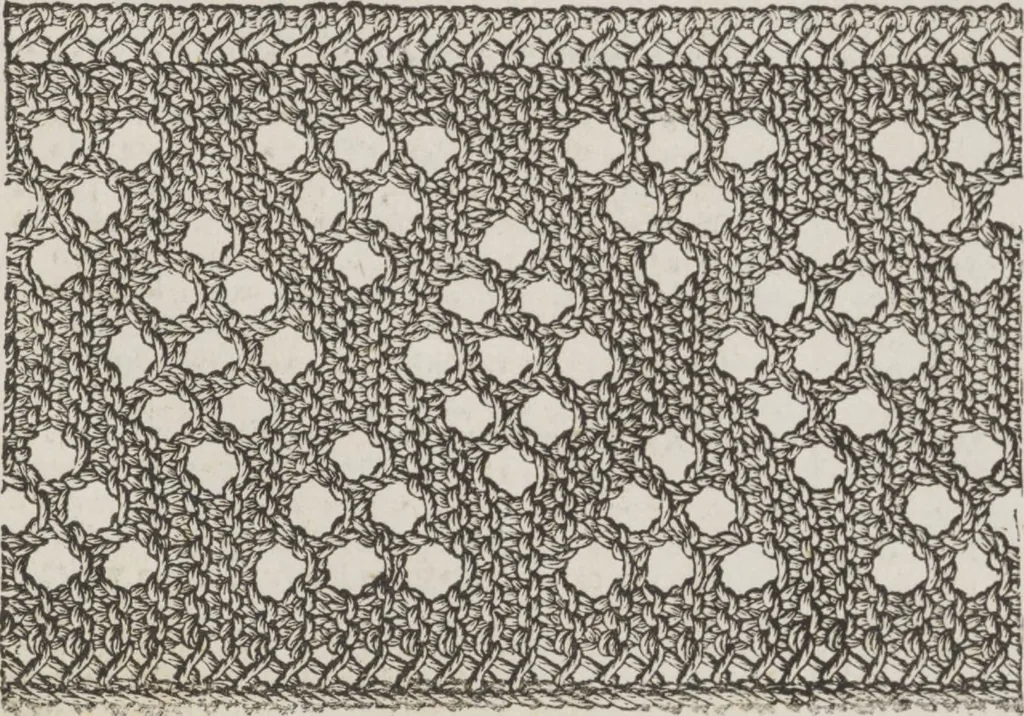 An illustration from Complete guide to the work-table : containing instructions in Berlin work, crochet, drawn-thread work, embroidery, knitting, knotting or macrame, lace, netting, poonah painting, & tatting, with numerous illustrations and coloured designs, 1884, leaf 60