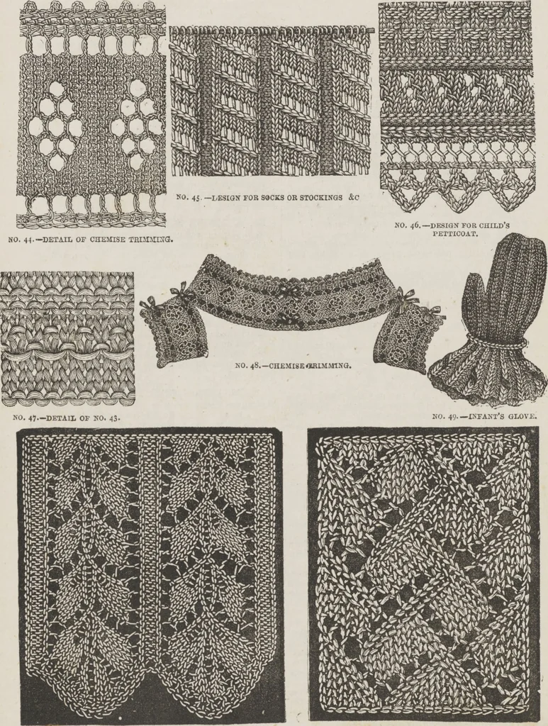 An illustration from Complete guide to the work-table : containing instructions in Berlin work, crochet, drawn-thread work, embroidery, knitting, knotting or macrame, lace, netting, poonah painting, & tatting, with numerous illustrations and coloured designs, 1884, leaf 61