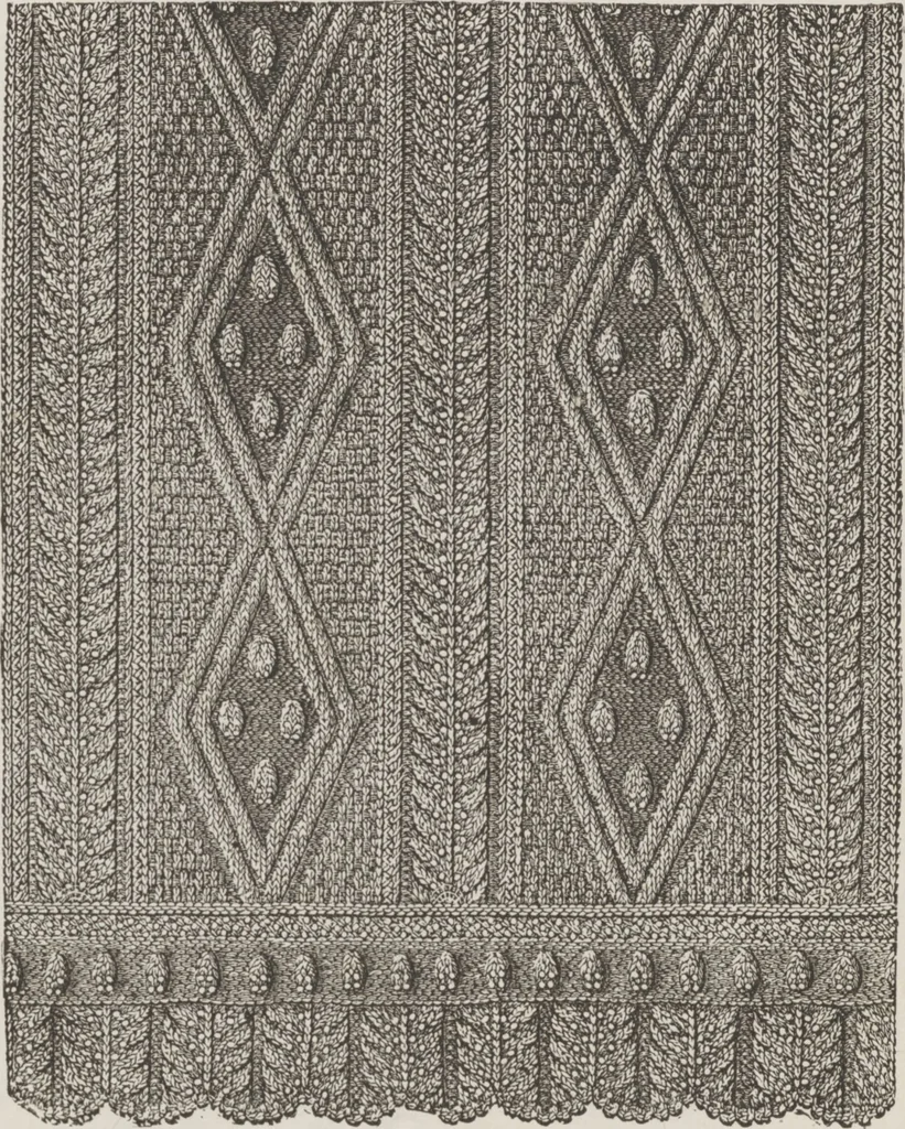 An illustration from Complete guide to the work-table : containing instructions in Berlin work, crochet, drawn-thread work, embroidery, knitting, knotting or macrame, lace, netting, poonah painting, & tatting, with numerous illustrations and coloured designs, 1884, leaf 65