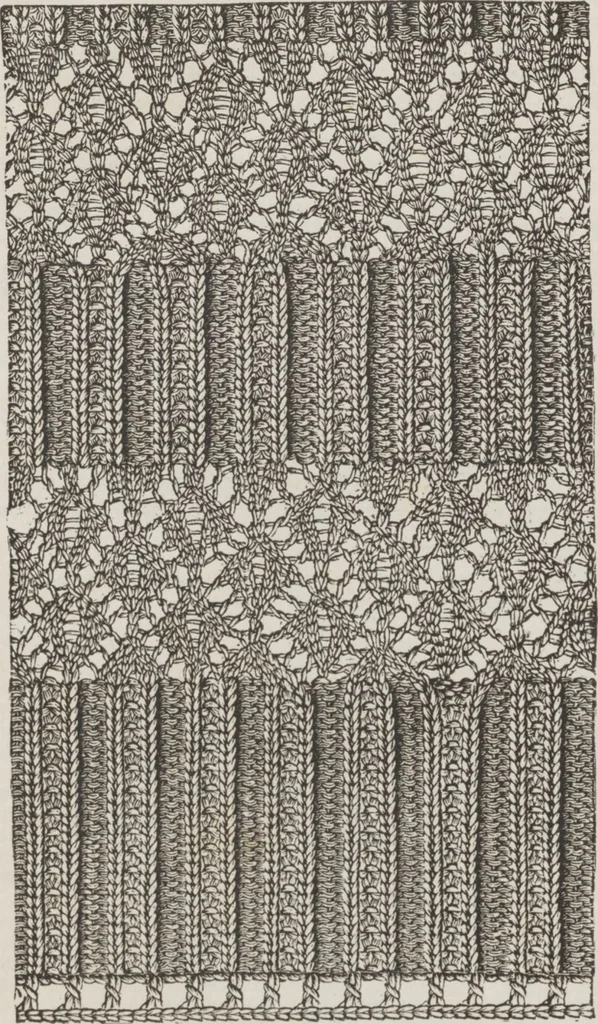 An illustration from Complete guide to the work-table : containing instructions in Berlin work, crochet, drawn-thread work, embroidery, knitting, knotting or macrame, lace, netting, poonah painting, & tatting, with numerous illustrations and coloured designs, 1884, leaf 69