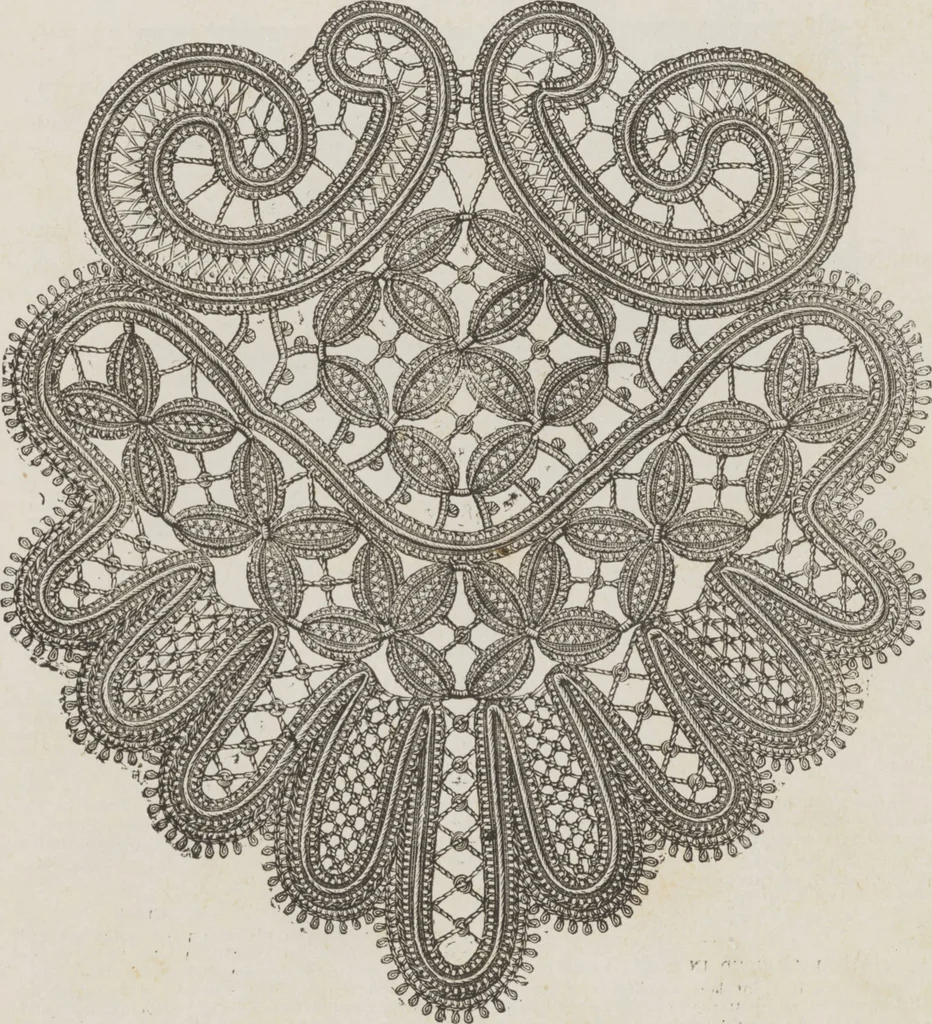 An illustration from Complete guide to the work-table : containing instructions in Berlin work, crochet, drawn-thread work, embroidery, knitting, knotting or macrame, lace, netting, poonah painting, & tatting, with numerous illustrations and coloured designs, 1884, leaf 73