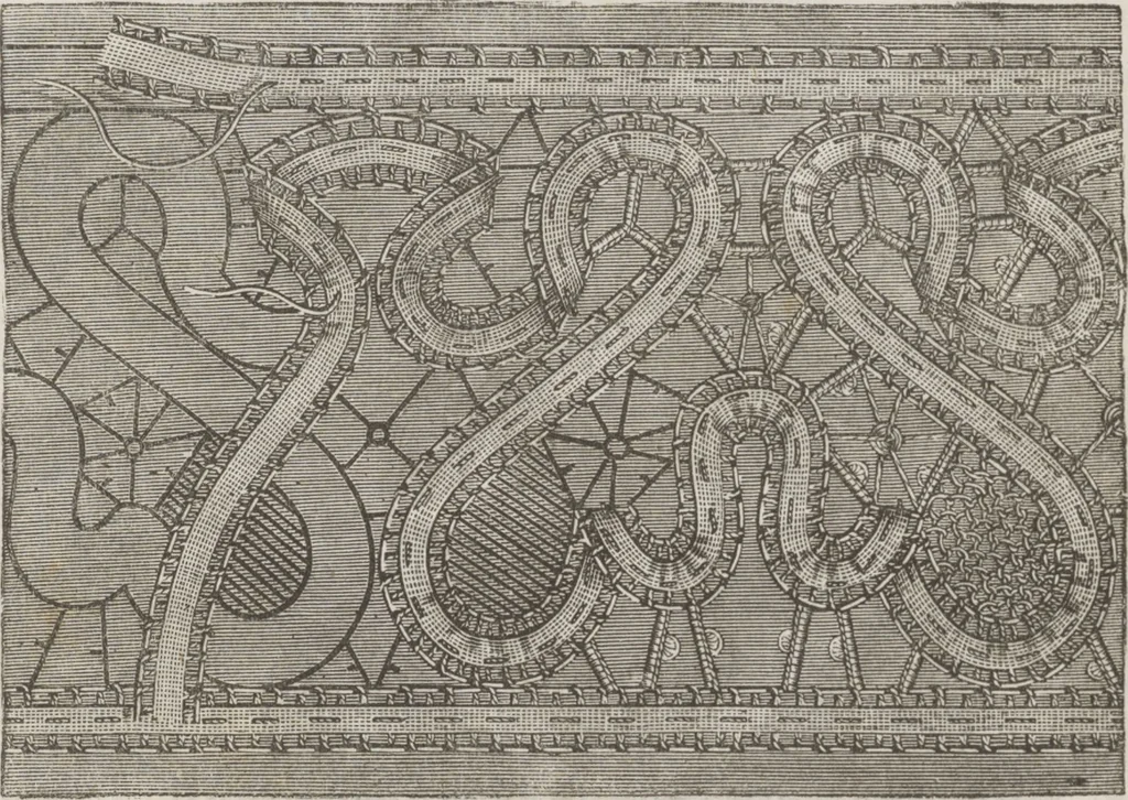 An illustration from Complete guide to the work-table : containing instructions in Berlin work, crochet, drawn-thread work, embroidery, knitting, knotting or macrame, lace, netting, poonah painting, & tatting, with numerous illustrations and coloured designs, 1884, leaf 74
