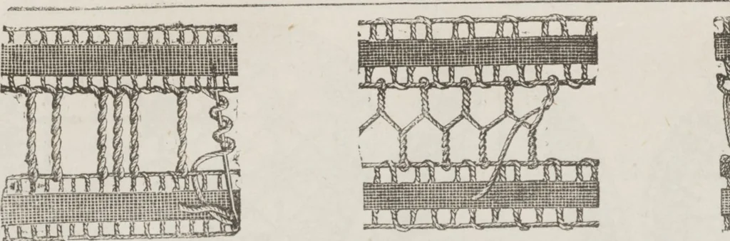An illustration from Complete guide to the work-table : containing instructions in Berlin work, crochet, drawn-thread work, embroidery, knitting, knotting or macrame, lace, netting, poonah painting, & tatting, with numerous illustrations and coloured designs, 1884, leaf 77