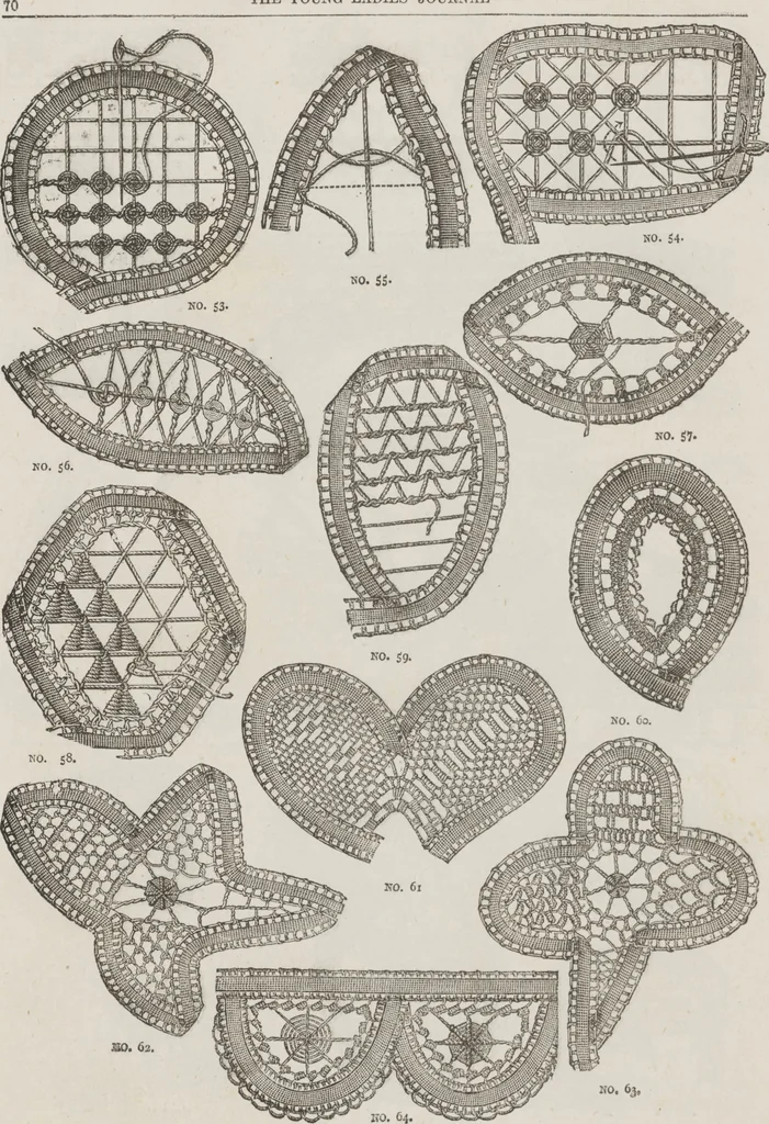 An illustration from Complete guide to the work-table : containing instructions in Berlin work, crochet, drawn-thread work, embroidery, knitting, knotting or macrame, lace, netting, poonah painting, & tatting, with numerous illustrations and coloured designs, 1884, leaf 78