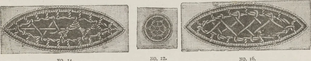 An illustration from Complete guide to the work-table : containing instructions in Berlin work, crochet, drawn-thread work, embroidery, knitting, knotting or macrame, lace, netting, poonah painting, & tatting, with numerous illustrations and coloured designs, 1884, leaf 84