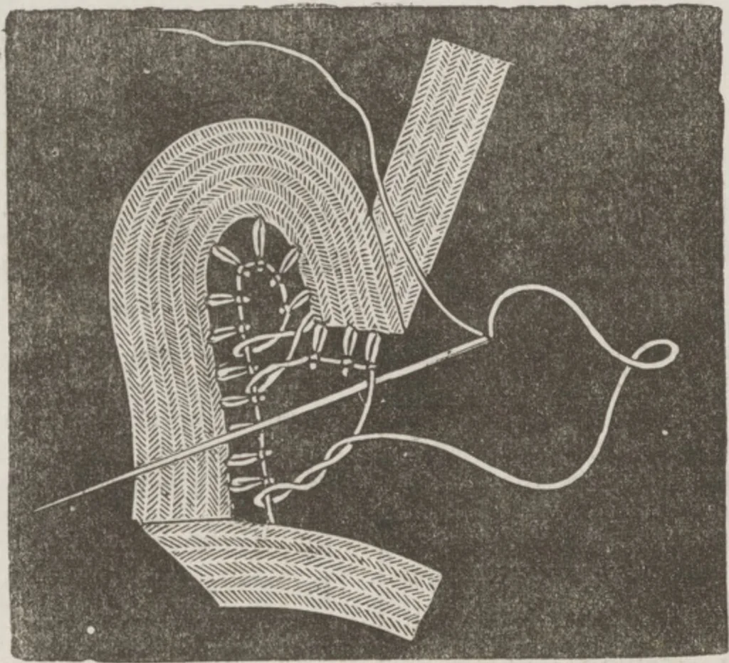 An illustration from Complete guide to the work-table : containing instructions in Berlin work, crochet, drawn-thread work, embroidery, knitting, knotting or macrame, lace, netting, poonah painting, & tatting, with numerous illustrations and coloured designs, 1884, leaf 87