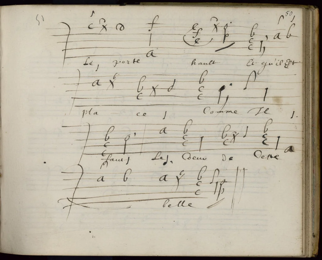 An illustration from « Tablature de guitare ». « Tablettes de guitarre, fait par M. Dupille commissaire des guerres demeurant rue de l'Espron, chez M. Mascron, avocat en Parlement », 1649, leaf 110