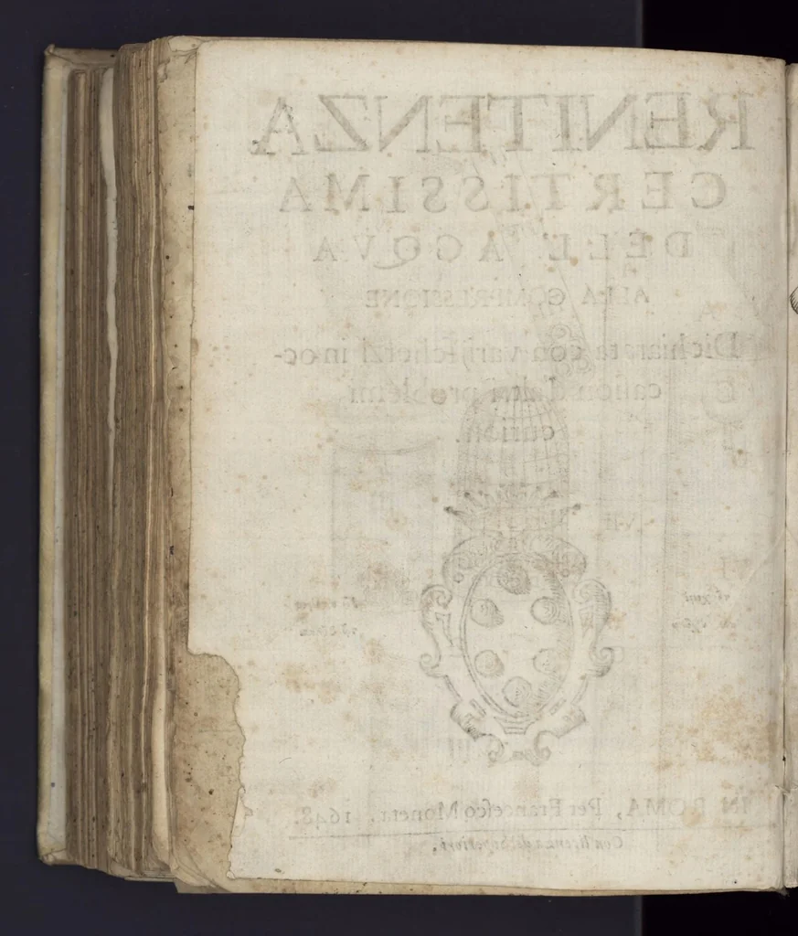 An illustration from Renitenza certissima dell'acqua alla compressione dichiarata con varij scherzi in occasion d'altri problemi curiosi, 1648, leaf 1