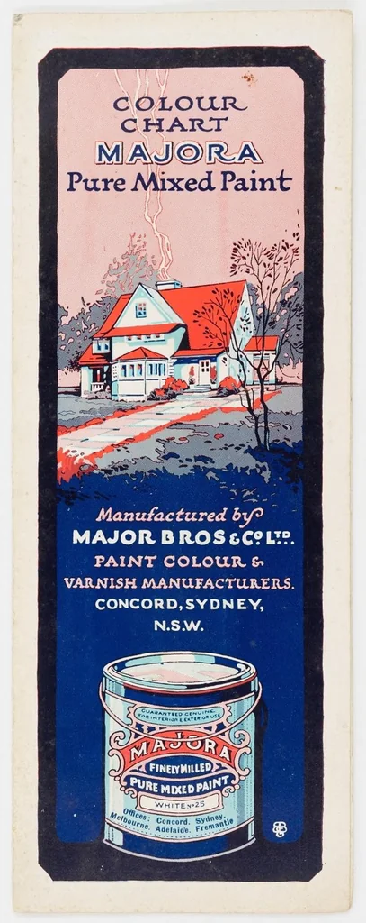 An illustration from Colour chart 'Majora' pure mixed paint : manufactured by Major Bros. & Co. Ltd. paint colour & varnish manufacturers. Concord, Sydney, N.S.W. / Major Bros. & Co. Ltd., 1925, leaf 0